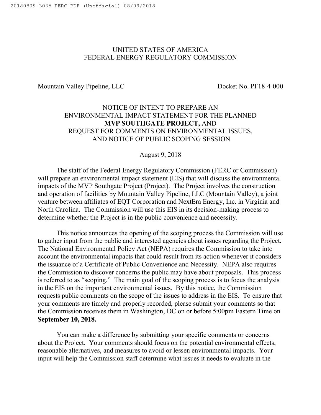 FERC Notice Of Intent To Prepare EIS MVP Southgate